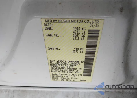 2015 Nissan Altima 2.5/2.5 S/2.5 Sl/2.5 Sv z USA, uszkodzony, nr VIN 1N4AL3AP3FC295679